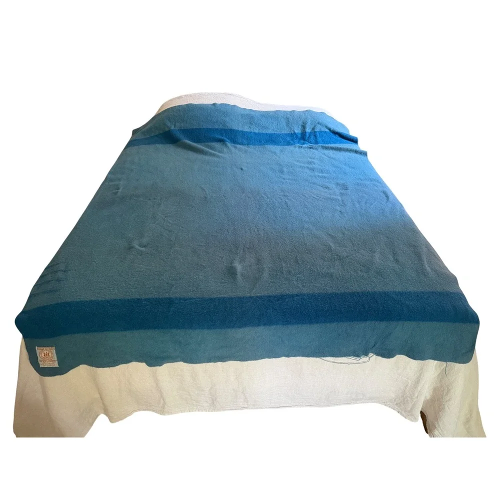 Hudsons Bay Company 3.5 Point Wool Blanket Teal Blue Navy Stripe England 59x78